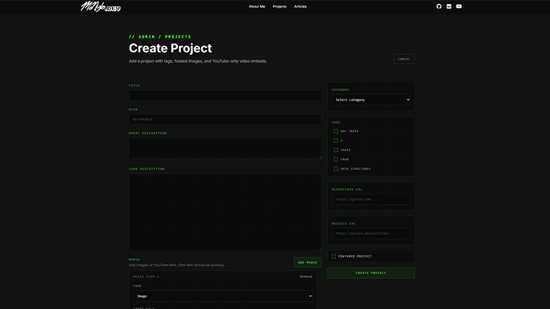 mcnylo.dev create project page